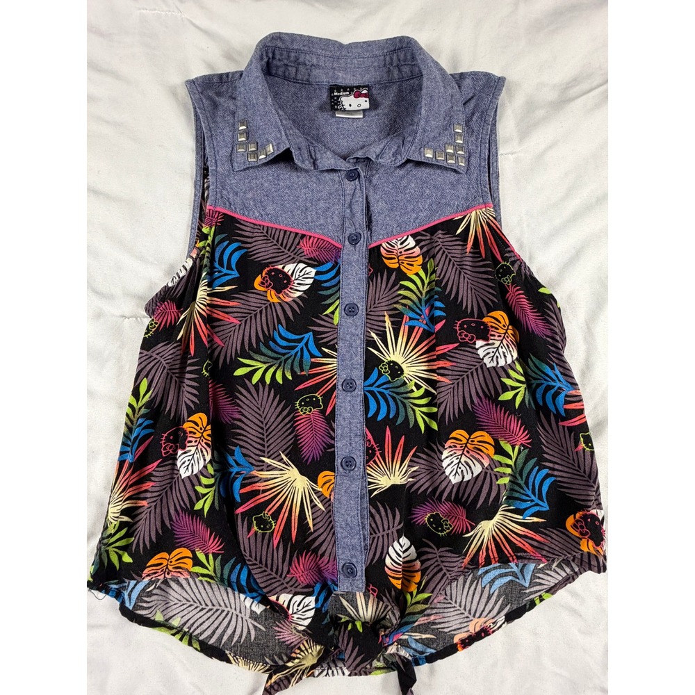 Hello Kitty Sanrio Tropical Palm Studded‎ Chambray Sleeveless Tie Front Top M